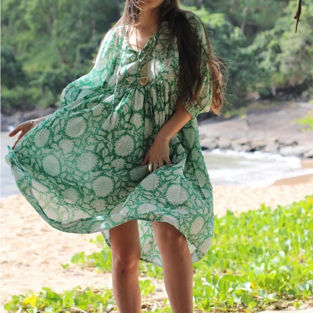 River Goddess Hawa Midi Green and White Leafy Dress Sz L/XL - Picture 4 of 4